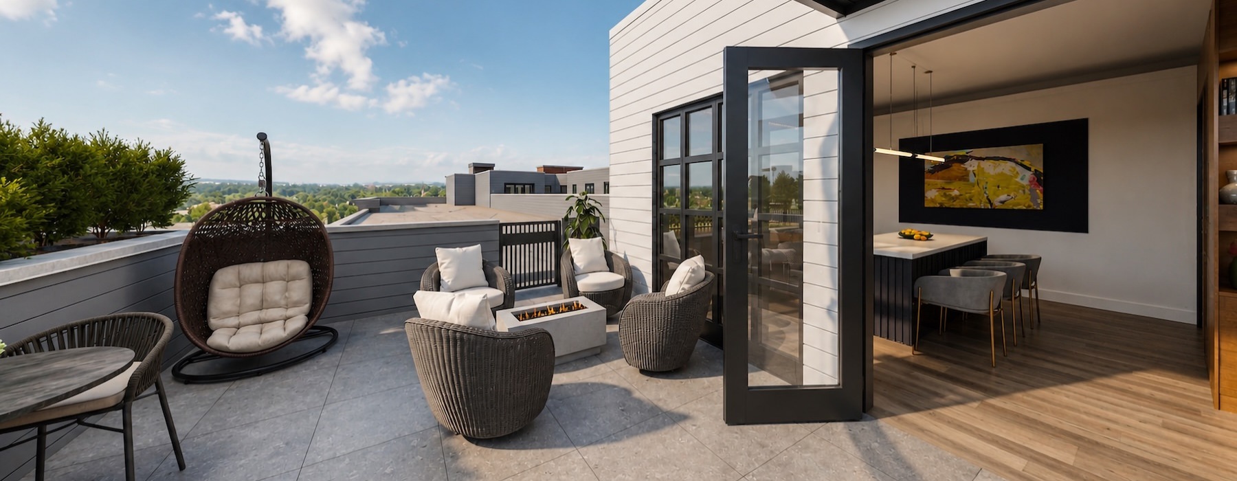 rooftop patio with seating fire pit and open doors to a lounge