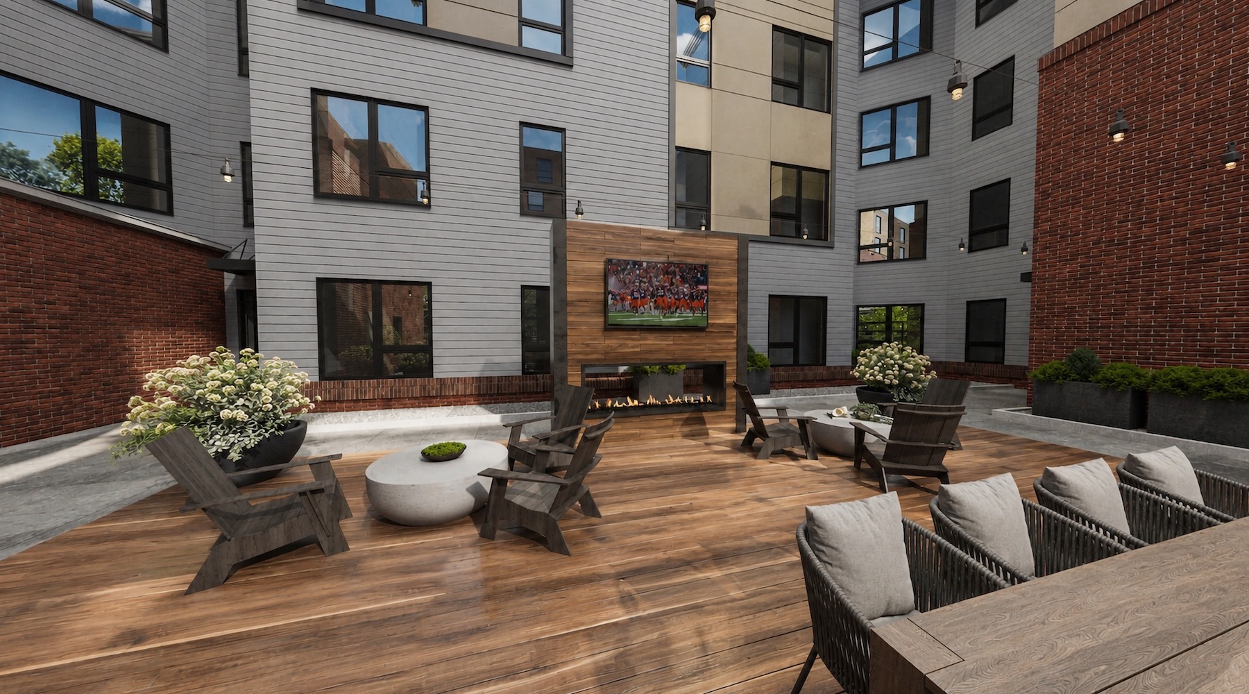 patio with seating tables fireplace and tv