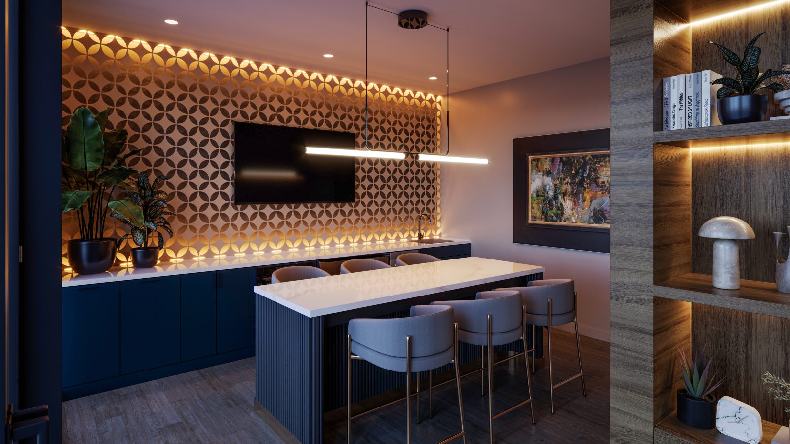 a kitchen with a bar and a dining area at The Rosie