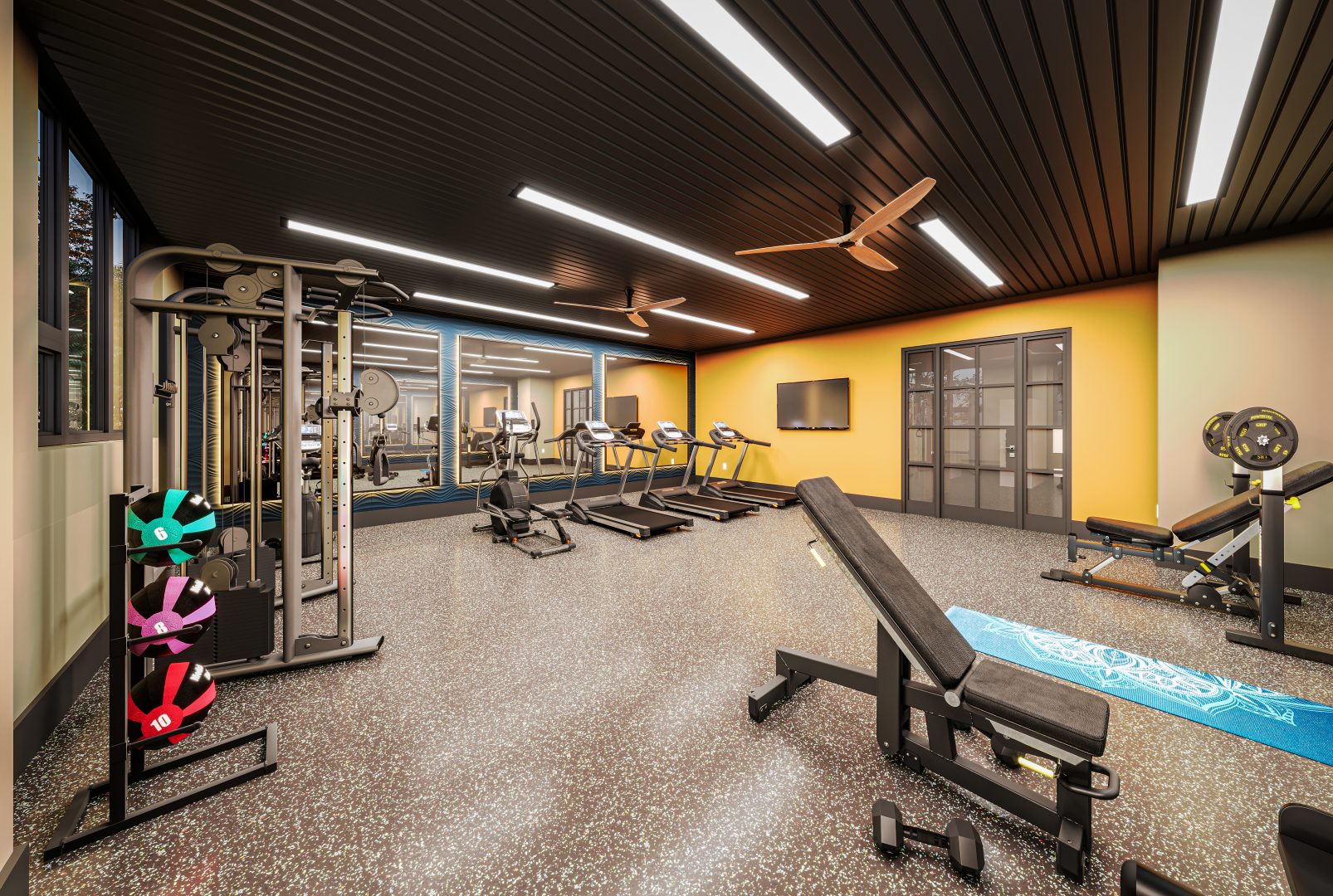 a gym room with exercise equipment and a television at The Rosie